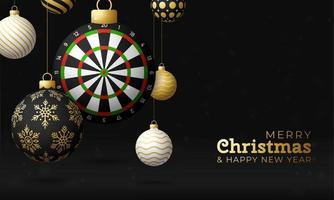 dart Christmas card. Merry Christmas sport greeting card. Hang on a thread dartboard as a xmas ball and golden bauble on black background. Sport Vector illustration.