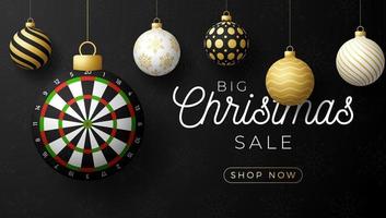 dart Christmas sale card. Merry Christmas sport greeting card. Hang on a thread dartboard as a xmas ball and bauble on horizontal background. Sport Vector illustration.