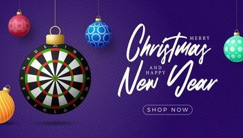 dart Christmas sale card. Merry Christmas sport greeting card. Hang on a thread dartboard as a xmas ball and bauble on horizontal background. Sport Vector illustration.