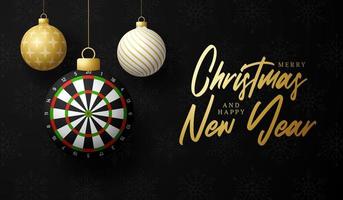 dart Christmas card. Merry Christmas sport greeting card. Hang on a thread dartboard as a xmas ball and golden bauble on black background. Sport Vector illustration.