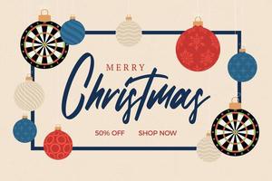 dart Christmas sale card. Merry Christmas sport greeting card. Hang on a thread dartboard as a xmas ball and bauble on horizontal background. Sport Vector illustration.