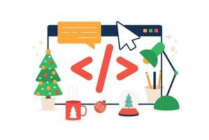 Christmas online code vector illustration. Web design concept. Interface elements and browser windows on the monitor screen.