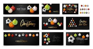 Sport Christmas and Happy New Year luxury banner set. Collection of Christmas greeting card with sport ball as a xmas ball on black background. Vector illustration set