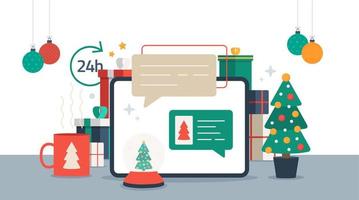 Christmas chatting on tablet. Chat messages on computer online vector illustration, flat cartoon workspace or working desk laptop pc with chatting bubble notifications