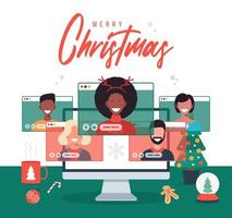 Online christmas holiday party. People quarantined having video call celebrating Christmas and New Year at home and decorate with Christmas tree, cup, flat vector illustration