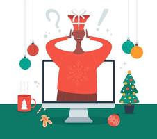 What gift to choose concept. Shocked man in a New Year or Christmas suit chooses gifts on computer screen. Flat cartoon Vector stock illustration.