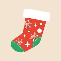 Red and green Christmas sock decorated with a pattern. Empty christmas stocking with fur and patches isolated on white vector