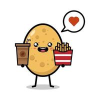 Cartoon cute potato carrying food, french fries and hot coffee on white background vector