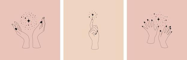 Set of graceful female hands in doodle style emit sparks and sparkles vector