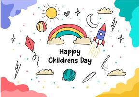 vector illustration hand drawn flat design children's day with rocket, rainbow, kite, earth, pencil, and clouds