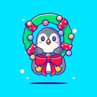 Illustration of a Cute  Penguin with Christmas Wreaths. Merry christmas vector