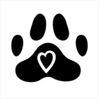 A dogs paw with black heart is isolated on white background. Vector illustration in doodle style. Paw of an animal, puppy or cat.