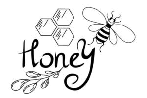Doodle illustration with honey. Line drawing style. The inscription is honey with a bee and honeycombs. Vector illustration in a linear style