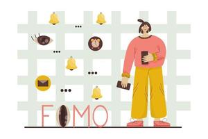 Fomo concept lettering. Girl phone both hands afraid miss important information. Girl stands background of the grid next flying alarm clock, message, call. Embedding social networks temporary content. vector