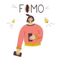 Fomo concept. Word fomo eyes bell on it. with the phone in both hands, he is afraid of missing important information. Attachment to social networks and temporary content vector
