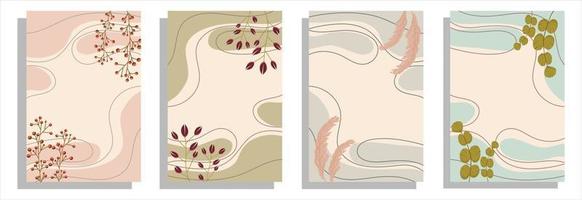 Boho covers set. Minimal poster. Modern Scandinavian design. A modern creative template. Abstract shapes and lines, decorate flowers, branches. Templates for social media, posters, postcards vector