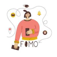 concepto de fomo. chica sostiene el teléfono con ambas manos, tiene miedo de perder información importante. apego a las redes sociales y contenido temporal. vector