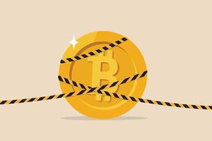 Bitcoin crypto moneda prohibida, política monetaria del gobierno, caída de la criptomoneda o concepto de investigación de delitos digitales, envoltura de bitcoin de alto valor precioso con cinta amarilla de la escena del crimen de investigación. vector