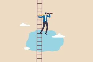 Success ladder for business opportunity, looking for new job or career path, leadership discovery or searching for success concept, smart businessman climb up ladder look through telescope visionary. vector