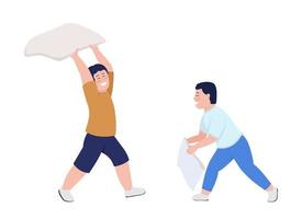 Boy playing pillow fight semi flat color vector characters