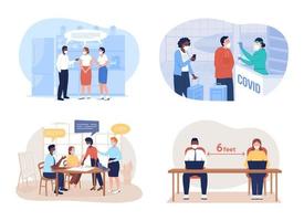 After covid precaution for office and travel 2D vector isolated illustration set