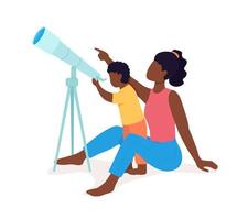 Family with telescope semi flat color vector characters