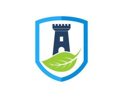 Simple shield with fortress and nature leaf vector