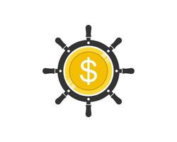 Ship steering wheel with money coins inside vector