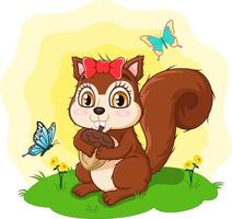 Cute cartoon squirrel holding acorn vector