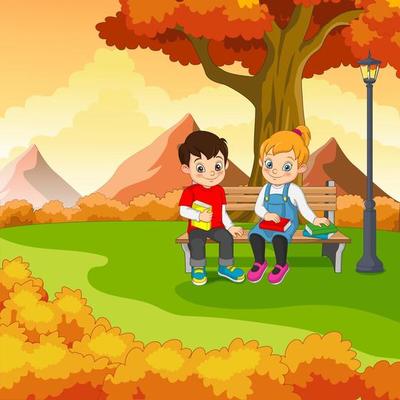 Cartoon kids sitting on bench with a books under a tree in autumn park  4991806 Vector Art at Vecteezy
