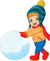 niño lindo en ropa de invierno jugando bola de nieve vector