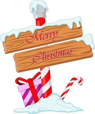 Wooden signboard with christmas gift box and candy cane