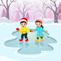 Cute little boy and girl in winter clothes playing ice skating rink vector