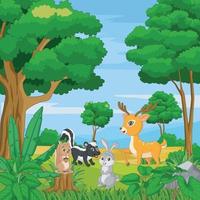 Cartoon happy animals in the jungle background vector