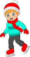 Cute little boy in winter clothes playing ice skating vector