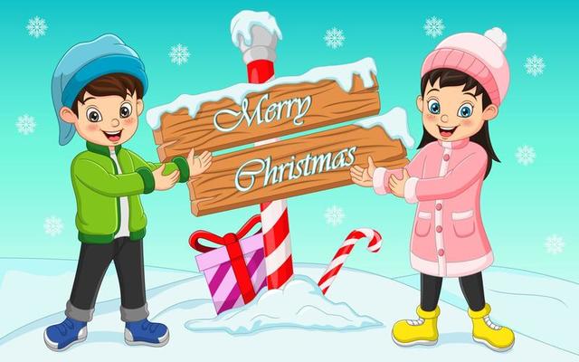 Happy boy and girl in winter clothes with wooden sign