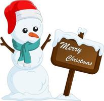 Cute snowman with wooden sign vector