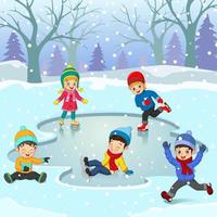 Group of Children in winter clothes playing ice skating rink vector