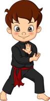 Cartoon karate boy wearing kimono training karate vector