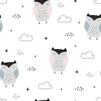 Seamless pattern Cartoon animal background with owl and sky Hand drawn design in kid-style use for print, wallpaper, textile, vector illustration.