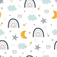 Seamless pattern rainbow with clouds and stars in the sky Hand drawn design in cartoon style on white background used for print, wallpaper, fashion fabric, textiles. Vector illustration