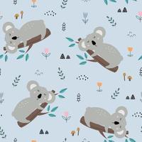 Personajes de dibujos animados de patrones sin fisuras de koala posados en ramas con flores como telón de fondo lindo fondo animal dibujado a mano en imágenes vectoriales de estilo infantil utilizadas para impresión, papel tapiz, tela, textiles. vector