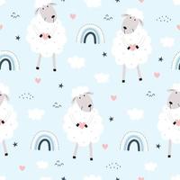 Seamless pattern Animal cartoon background has a sheep with cloud and rainbow in the sky. Hand drawn design in children's style, use for print, wallpaper, fabric textile pattern. Vector illustration