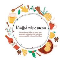 Mulled wine pot, ginger, cinnamon, bottle, honey vector illustration. Winter holidays template for menu, banner with empty space for text in circle with fairy lights.