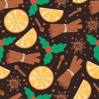 Christmas seamless pattern. Cinnamon, orange, clove, anise and mistletoe. Winter holidays concept.