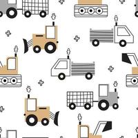 Dibujado a mano vehículos de construcción tractor de patrones sin fisuras sobre fondo blanco estilo de dibujos animados de diseño lindo. utilizado para imprimir papel tapiz, tela, textil, ilustración vectorial de moda vector