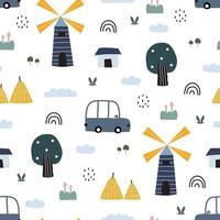 Seamless pattern Rural village cartoon background with houses and windmills Vector colorful summer hand-drawn design flat style used for print, wallpaper, decoration, fabric, textile, wrapping paper