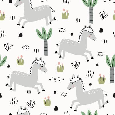 Cute seamless pattern for kids animal cartoon background with horses and trees Children's style hand-drawn design. Use for printing, wallpaper, gift wrapping, textiles, vector illustrations.