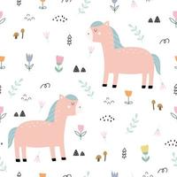 Diseño dibujado a mano de fondo de caballo y flor de patrones sin fisuras en estilo de dibujos animados, uso para impresión, patrón de tela, textil, papel tapiz de decoración, ilustración vectorial vector