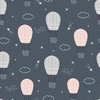 Seamless pattern background cartoon A balloon floating in the night sky with clouds and stars. Hand drawn design in kid style, use for print, wallpaper, decoration, textiles, baby clothes. vector